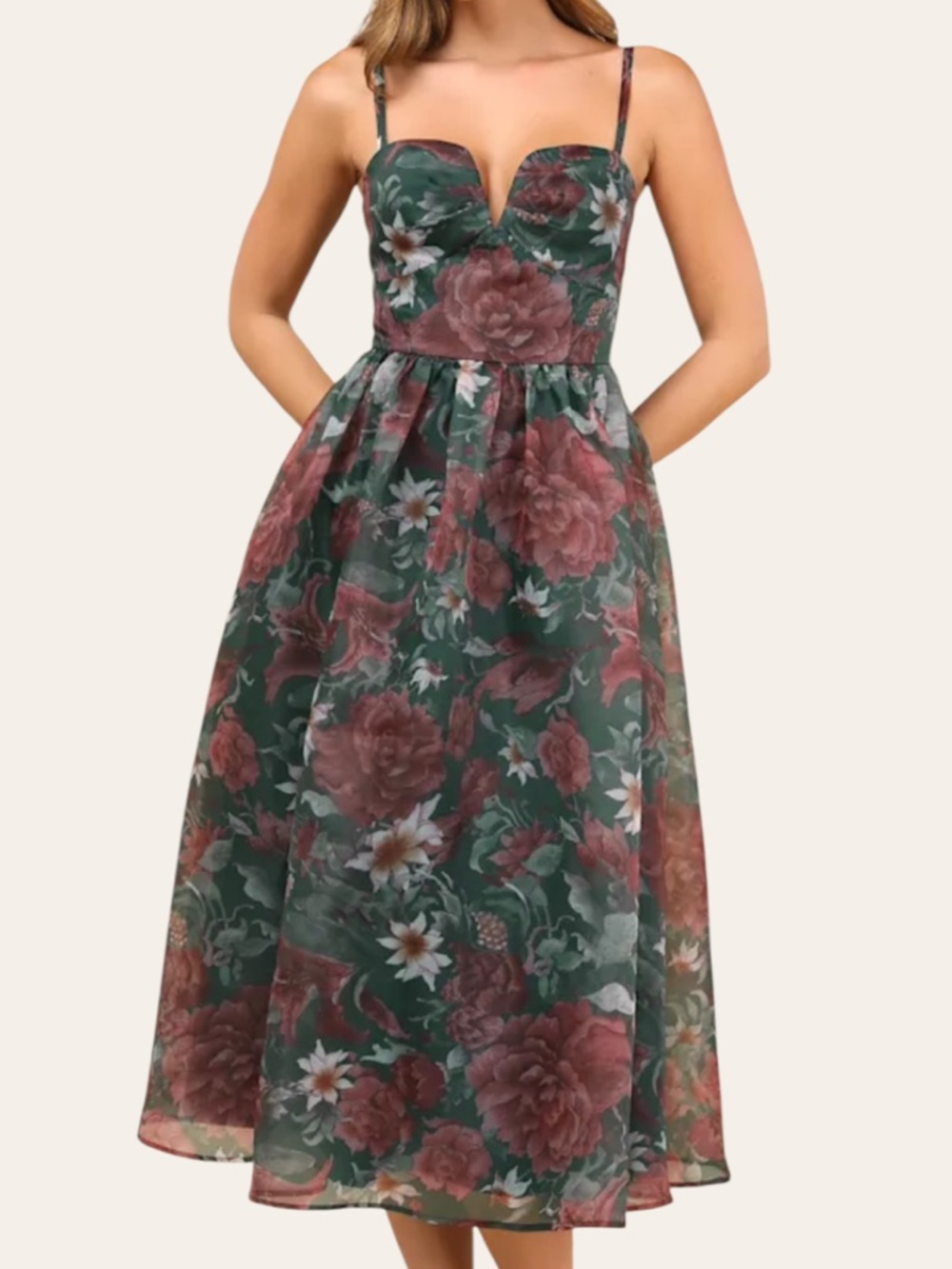 Like New Lulus Cherished Aura Green Floral Organza Bustier Midi Dress Size Small